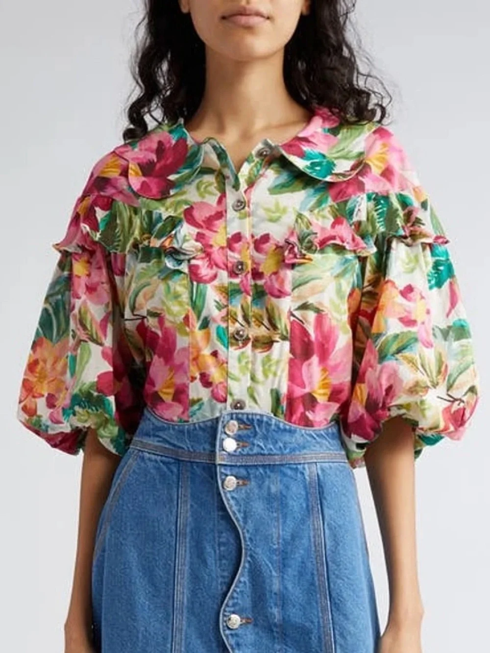 Farm Cropped Buttondown Top XS  Painted Flowers Ruffled Puff sleeve